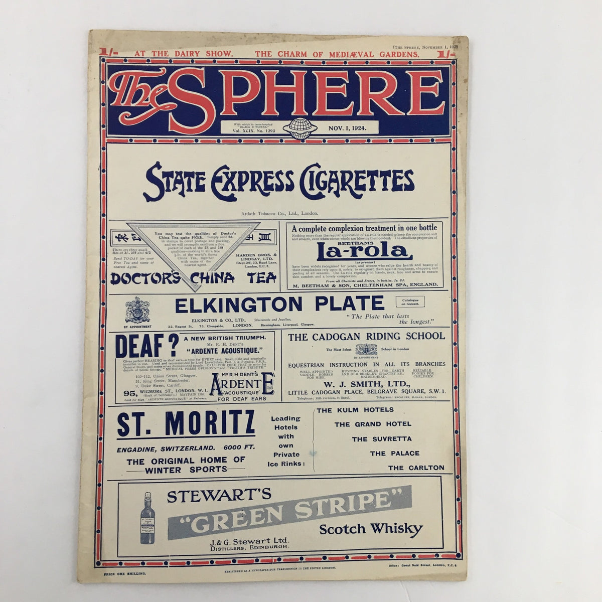 The Sphere Newspaper cover for November 1, 1924, displaying advertisements for various products including State Express Cigarettes and Doctor's China Tea.