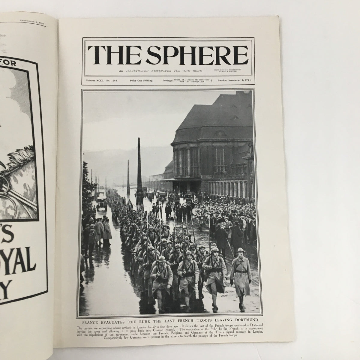 The Sphere Newspaper, November 1, 1924, featuring the image of the last French troops leaving Dortmund during their evacuation from the Ruhr region.