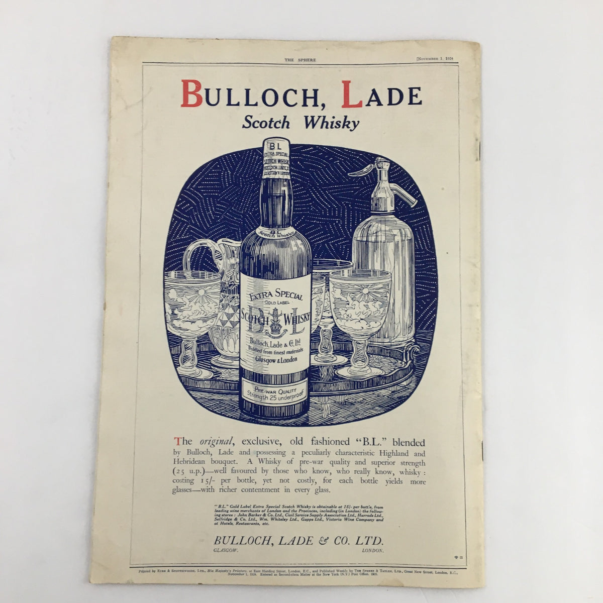 The Sphere Newspaper November 1 1924 The Last French Troops Leaving Dortmund - An advertisement page for Bulloch, Lade Scotch Whisky featuring a classic whiskey bottle and glassware, emphasizing vintage marketing design.