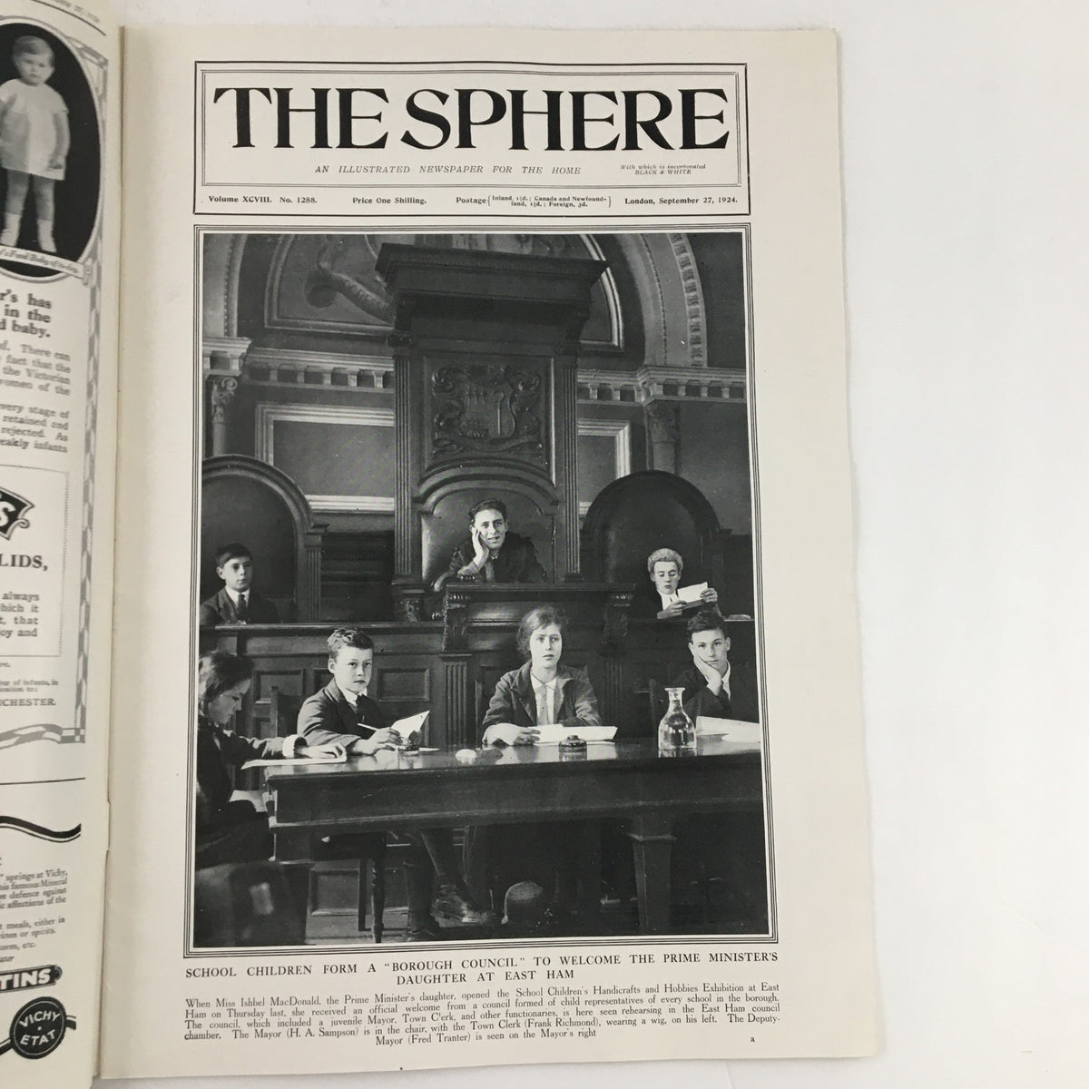 The Sphere Newspaper September 27 1924, featuring school children from a Borough Council welcoming the Prime Minister's daughter at East Ham. A historical vintage publication showcasing a moment from the past.
