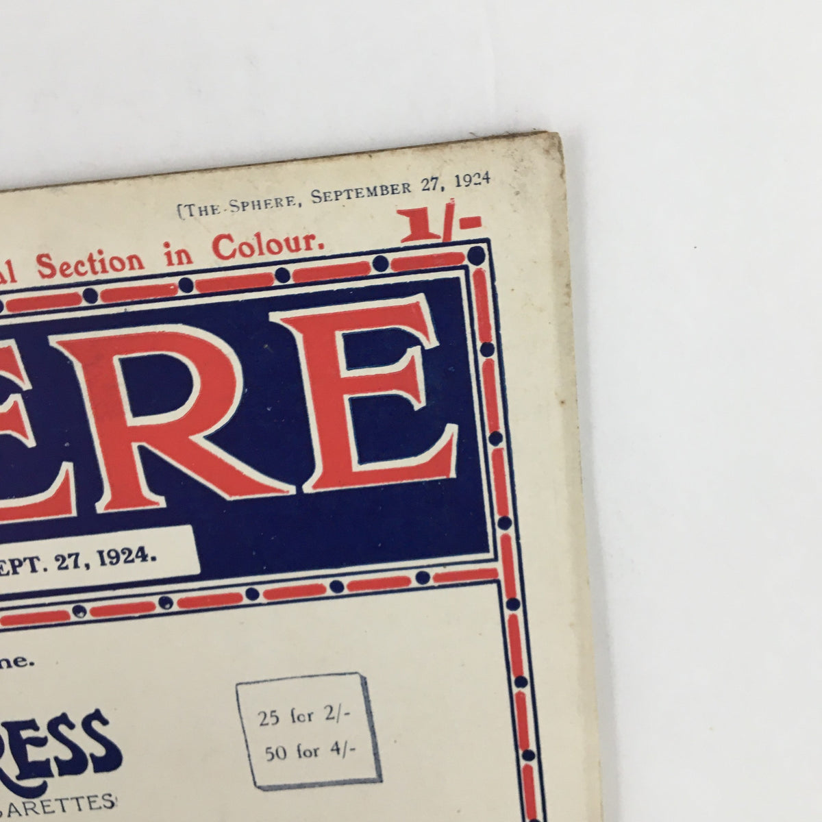 Close-up of The Sphere Newspaper September 27 1924, highlighting the title and date of the vintage publication.