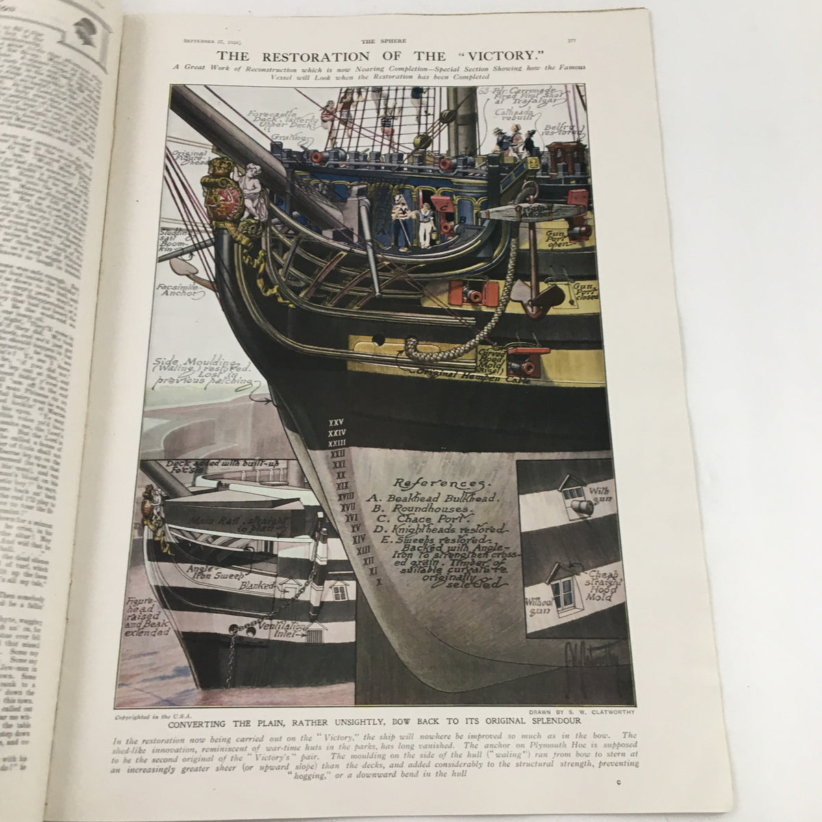 Interior page of The Sphere Newspaper September 27 1924, depicting an illustrated article about the restoration of a historic ship.