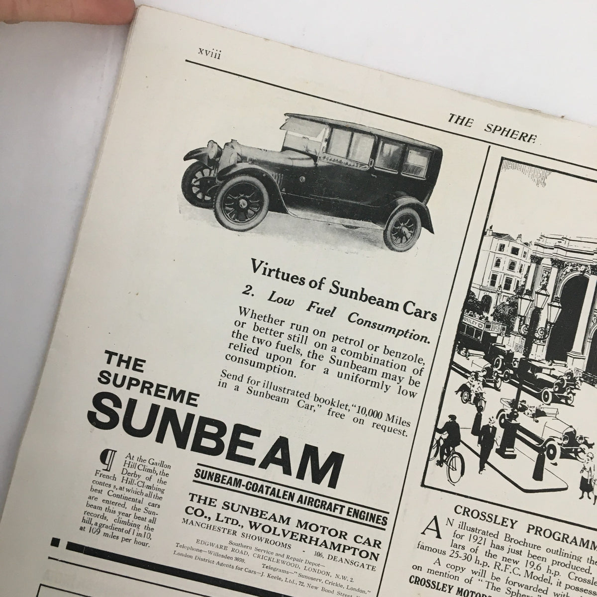The Sphere Newspaper December 18 1920 A December Scene in St. James Park highlighting details of the Supreme Sunbeam car advertisement in a vintage publication.