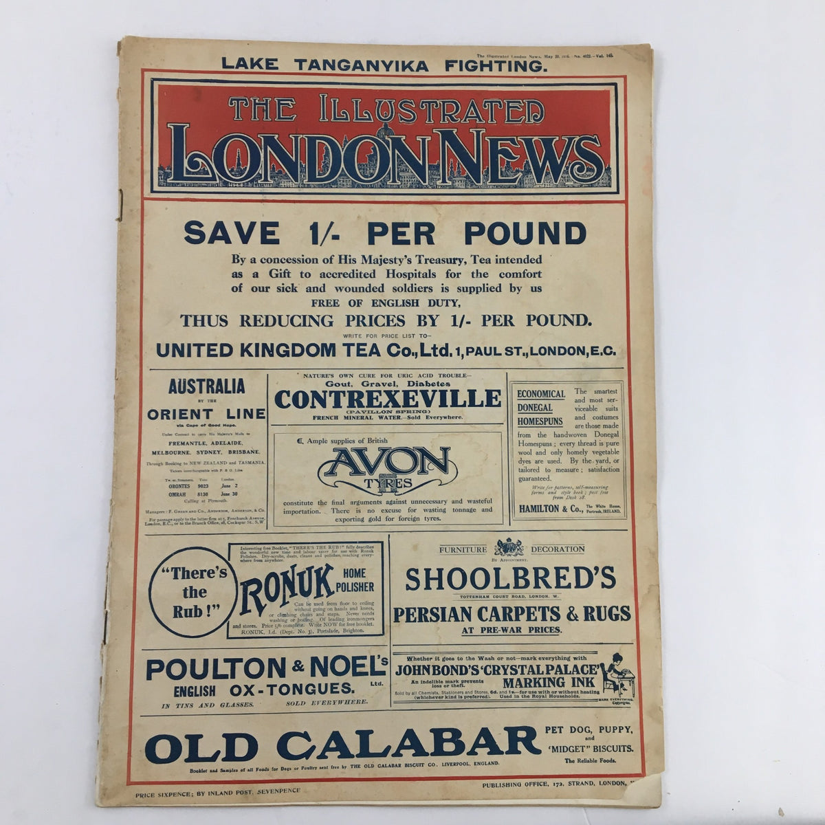 Back cover of The Illustrated London News May 20 1916, showcasing advertisements related to wartime supplies and services, emphasizing the historical context of the period.