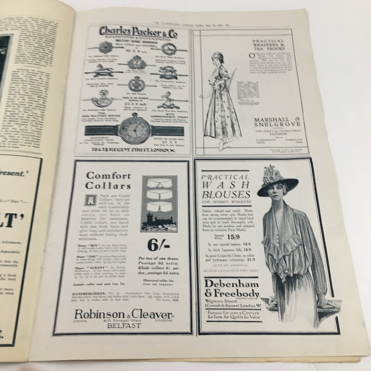 Interior page from The Illustrated London News May 20 1916 showcasing advertisements including clothing and practical wares.