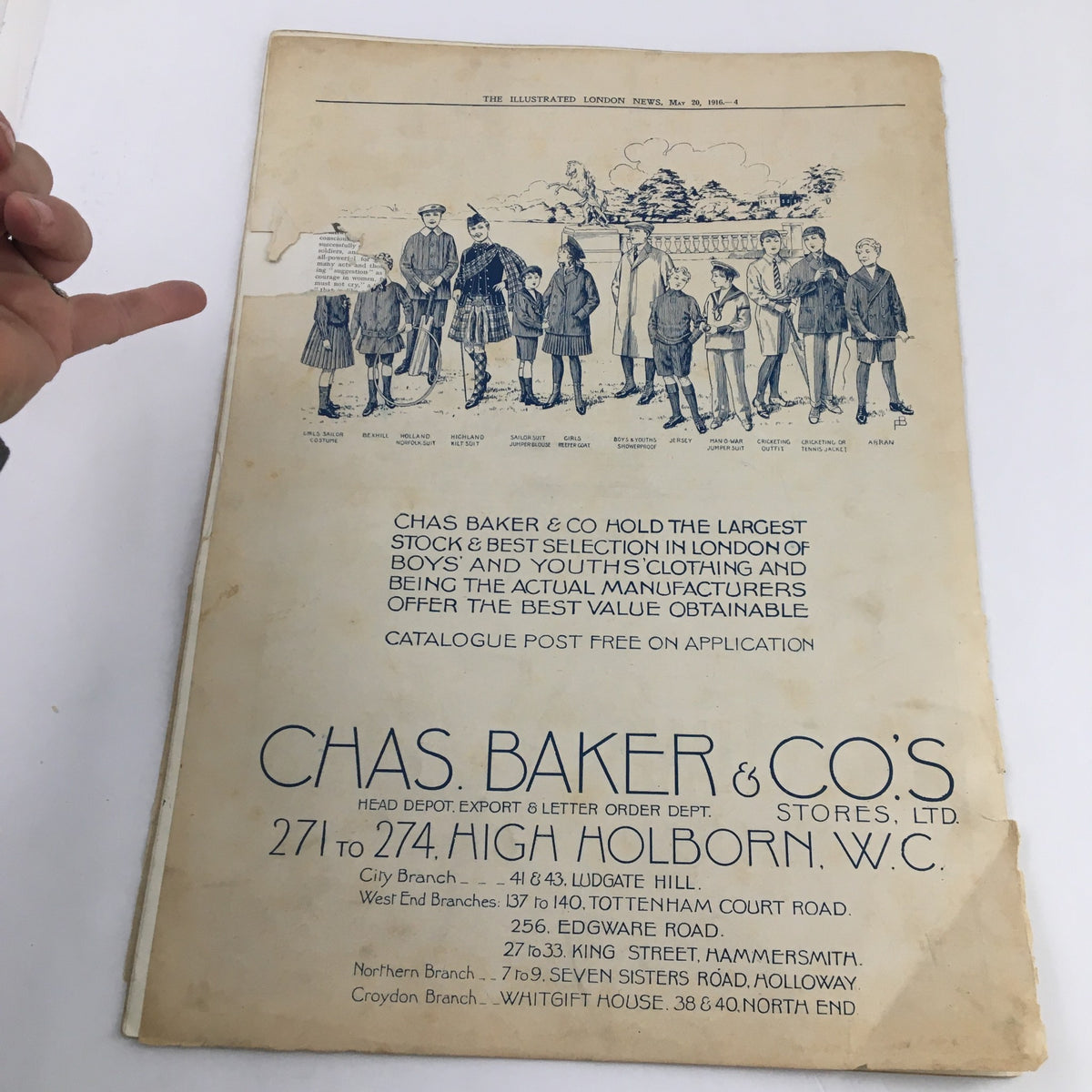 Back cover of The Illustrated London News May 20 1916 displaying illustrations of boys' clothing from Chas Baker & Co's stores.