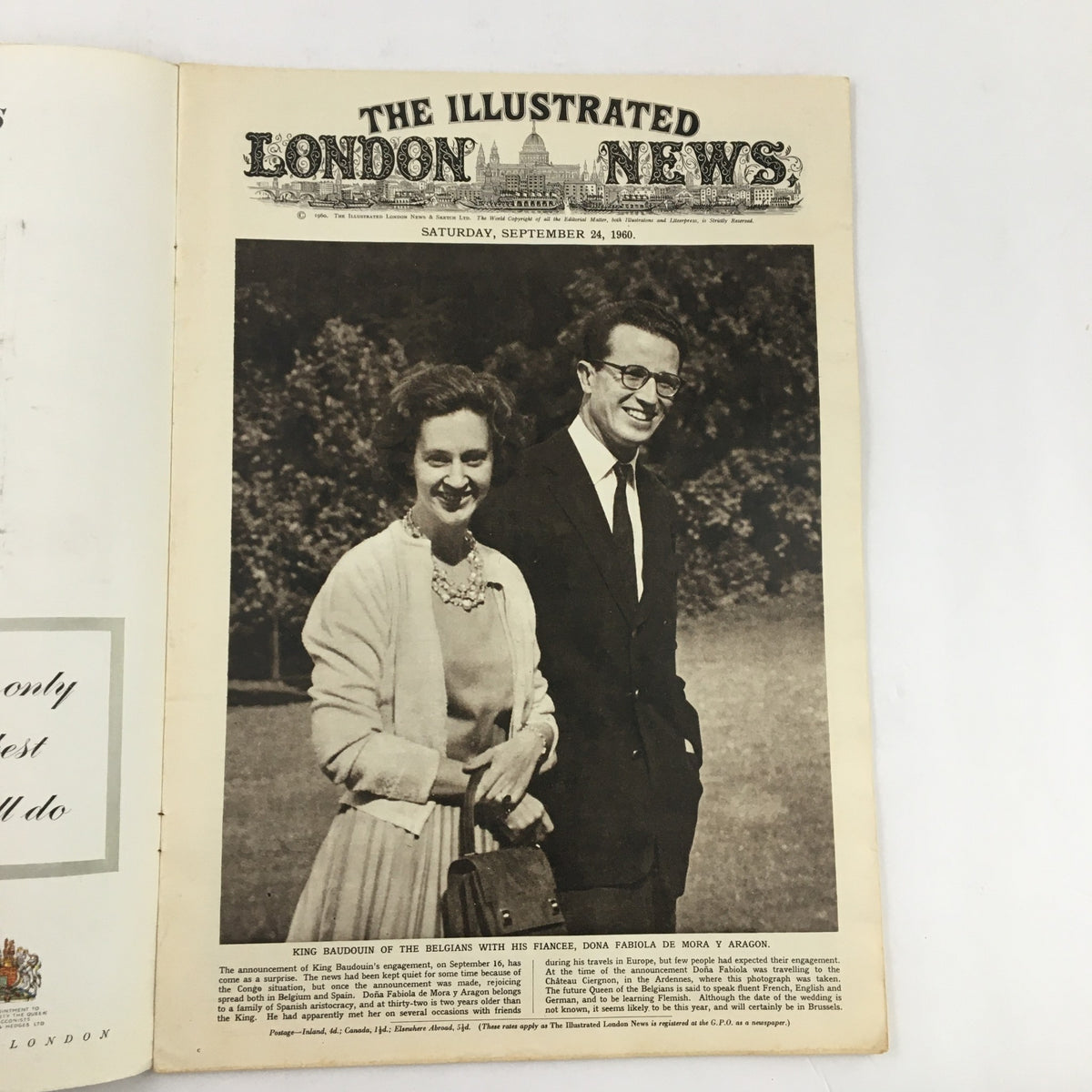 The Illustrated London News from September 24, 1960 featuring King Baudouin of Belgium and Dona Fabiola during their engagement. This vintage magazine captures a historic moment with the royal couple on the cover.