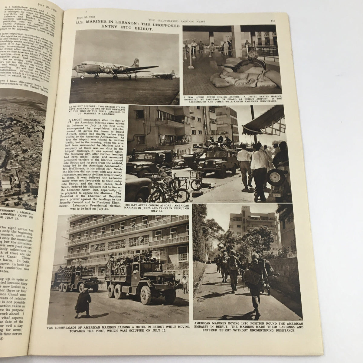 Interior page of The Illustrated London News July 26 1958 depicting U.S. Marines entering Beirut, showcasing various photographs of military operations.