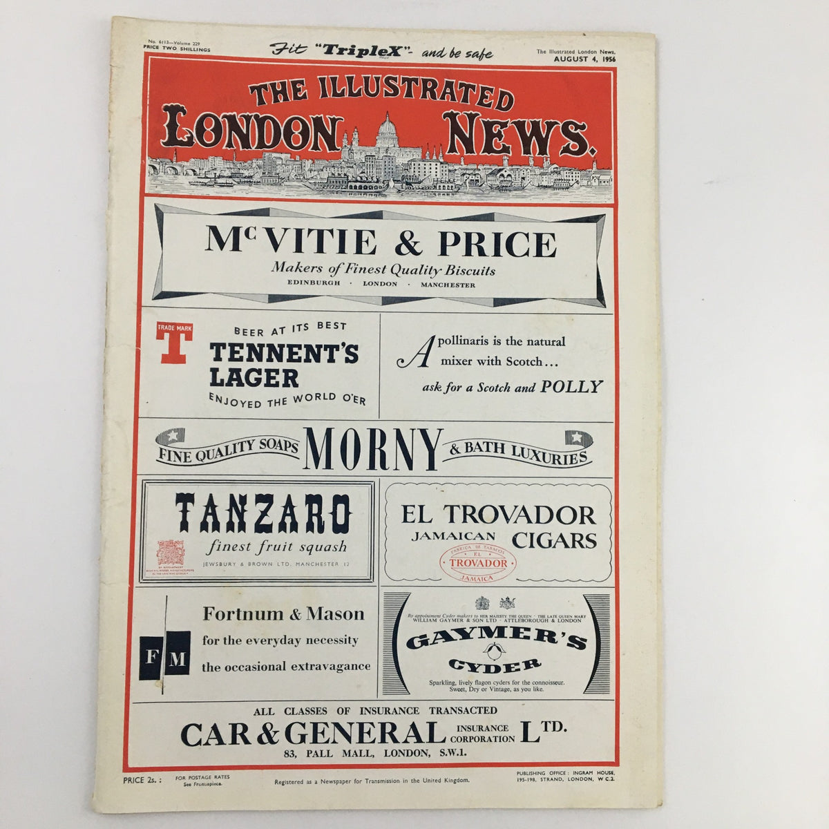 Cover page of The Illustrated London News August 4 1956 featuring advertisements and an illustration of a city skyline.