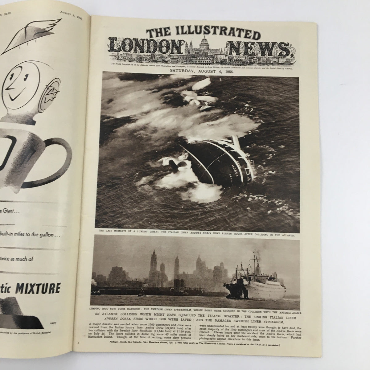 The Illustrated London News August 4, 1956, featuring a dramatic photograph of the Swedish liner Stockholm alongside the Andrea Doria in New York Harbor, capturing a significant maritime event.