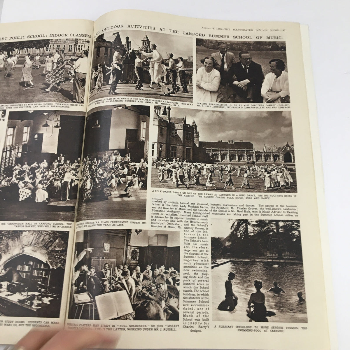Interior pages of The Illustrated London News August 4 1956 highlighting outdoor activities at the Canford Summer School of Music.