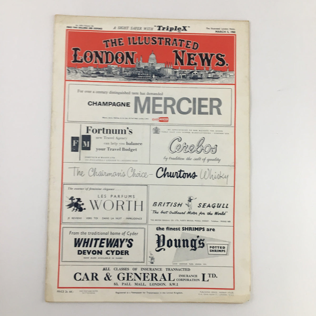 The Illustrated London News March 5, 1960 - Back cover featuring advertisements for luxury brands including Champagne Mercier.