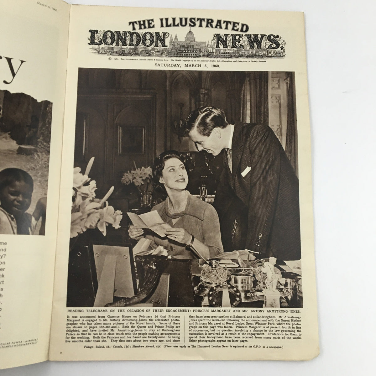 The Illustrated London News March 5, 1960 - Princess Margaret and Antony Armstrong-Jones reading telegrams on their engagement.