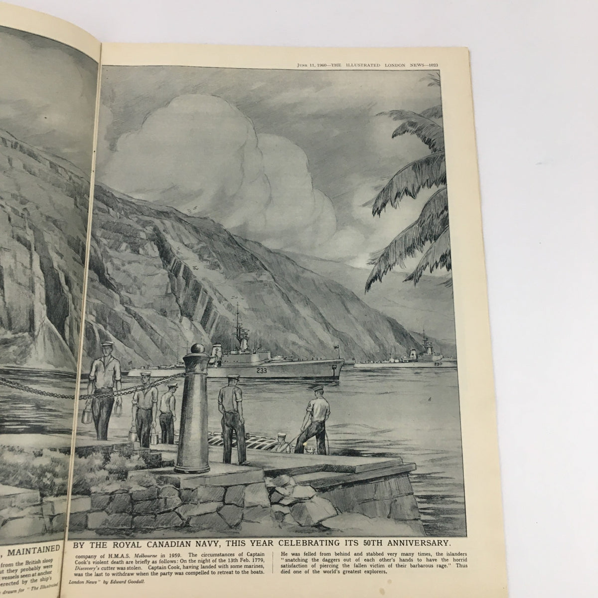 The Illustrated London News June 11 1960 interior illustration depicting a scene involving the Royal Canadian Navy, celebrating its 50th anniversary with a historical narrative.