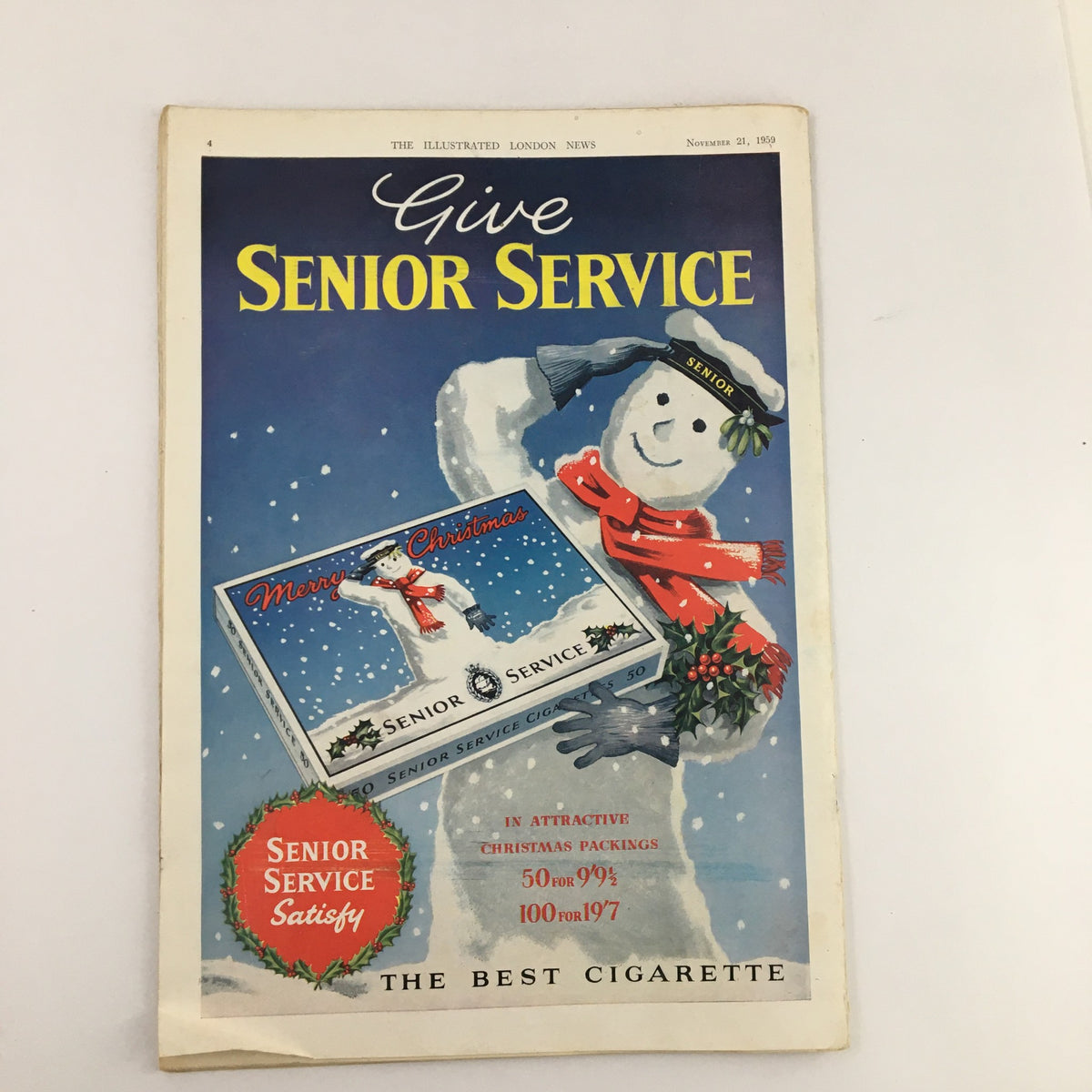 The Illustrated London News November 21 1959 displaying a festive advertisement for Senior Service cigarettes themed around Christmas.
