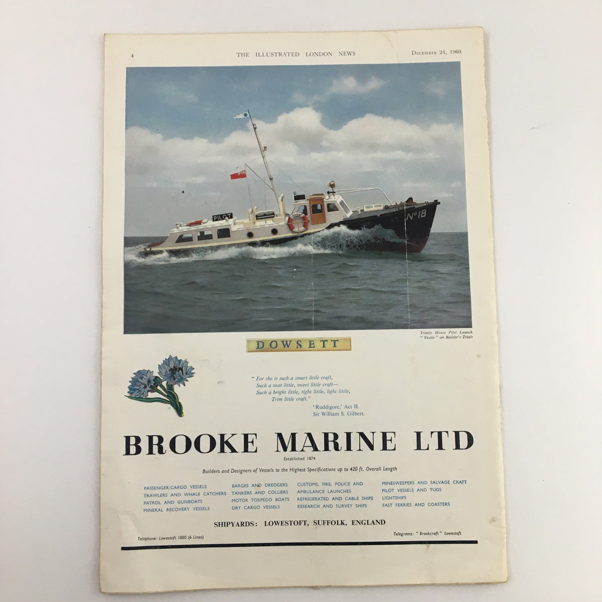The Illustrated London News December 24 1960 front cover displaying a vibrant image of a pilot vessel named Dowsett, showcasing maritime history and featuring Brooke Marine Ltd, builders of vessels.