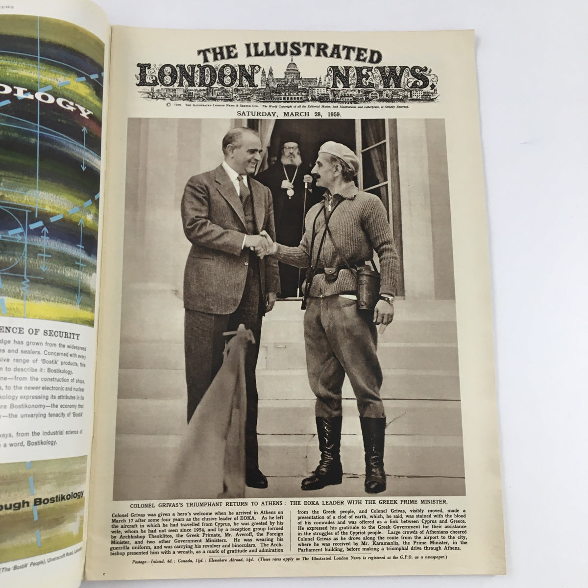 The Illustrated London News March 28 1959 featuring Colonel Griva's return to Athens, showcasing a historic moment with Colonel Griva and Greek officials.