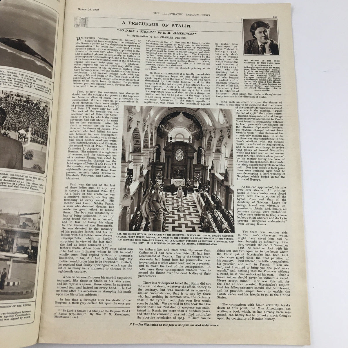 A page from The Illustrated London News dated March 28, 1959, featuring an article titled 'A Precursor of Stalin,' highlighting a historical discussion with a black-and-white illustration.