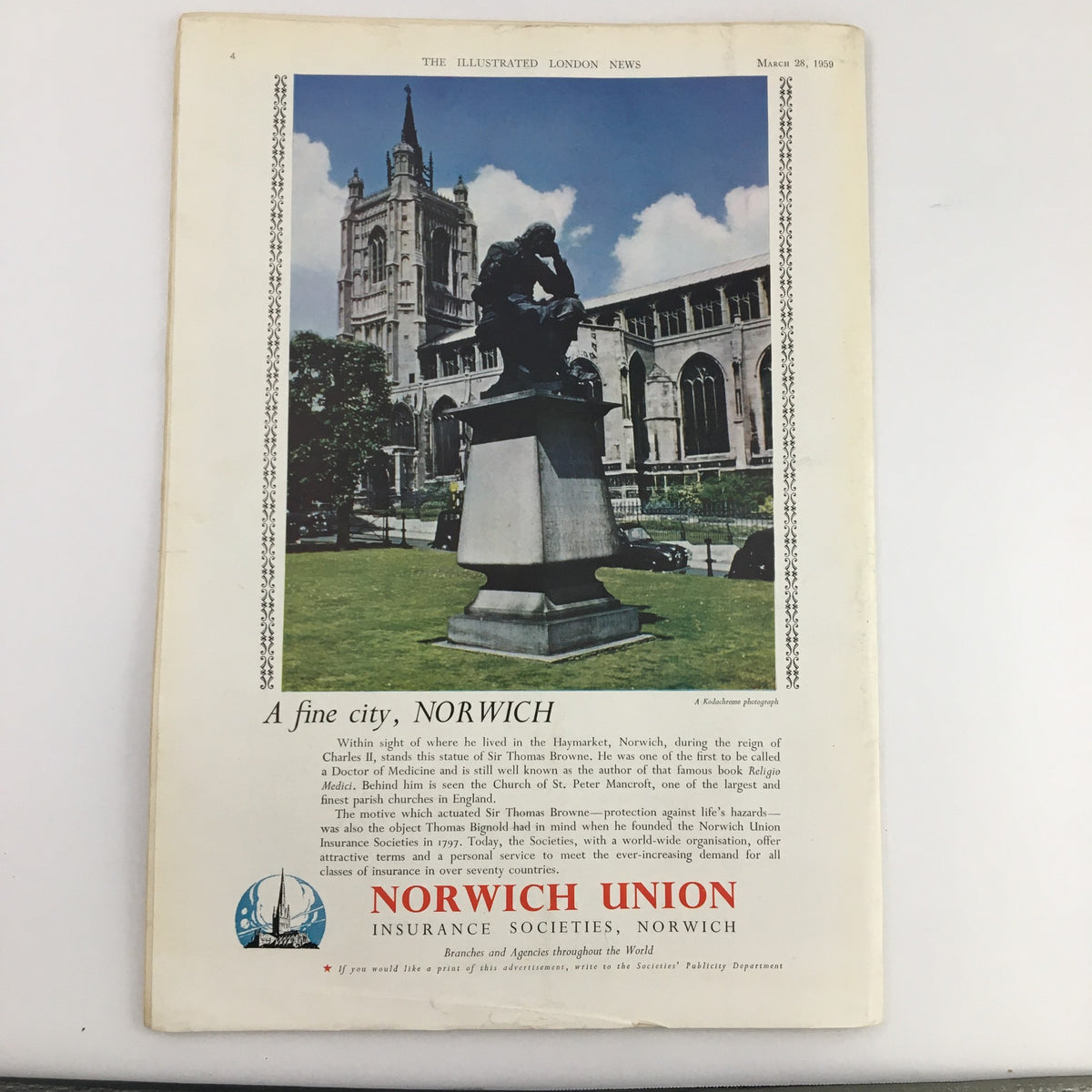 The cover page of The Illustrated London News, March 28, 1959, featuring a photograph and an article about Norfolk, highlighting its cultural and historical significance.