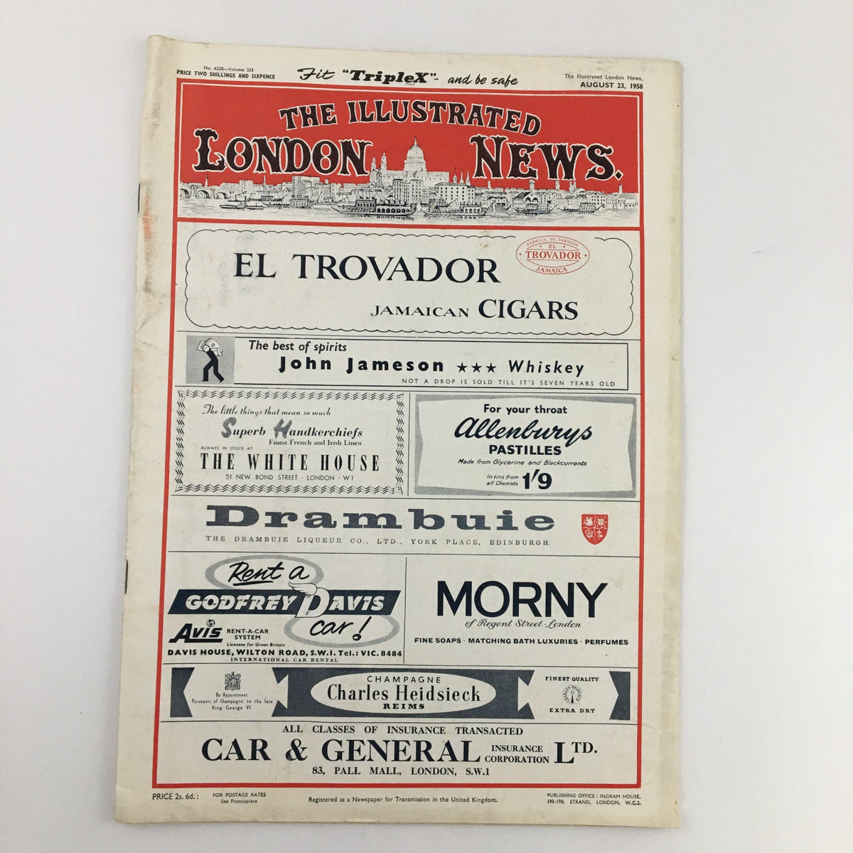 Cover page of The Illustrated London News, August 23, 1958. The magazine features bold advertisements and the iconic logo, providing a glimpse into mid-20th century British media and advertising.