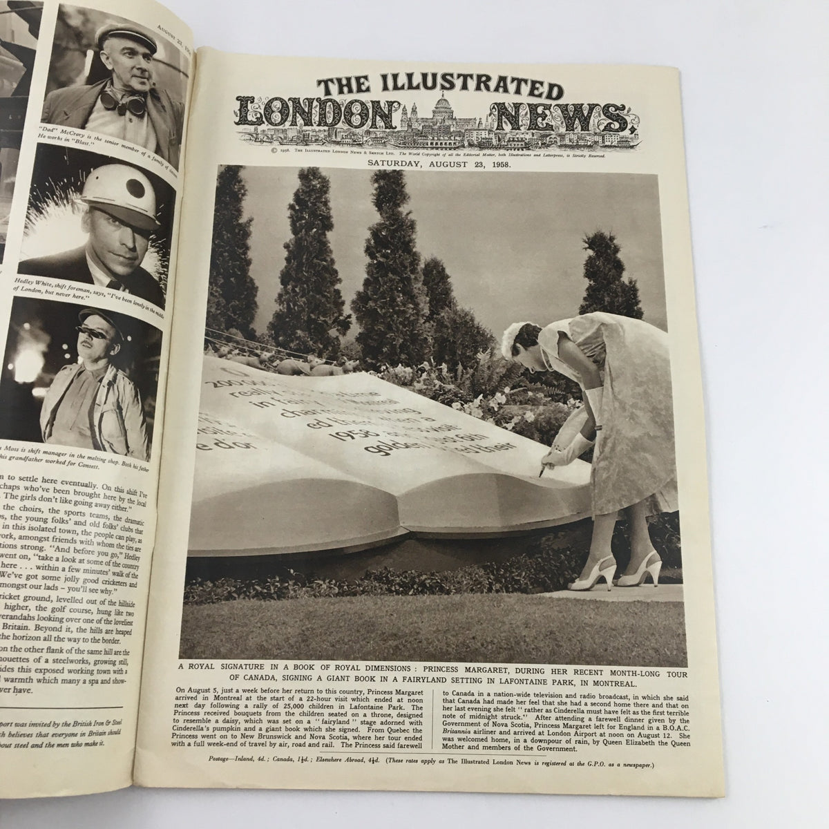Inside page of The Illustrated London News, August 23, 1958, featuring Princess Margaret signing a giant book in Montreal, titled 'Royal Signature in Royal Dimensions.' The image captures a historical moment showcasing royal elegance.