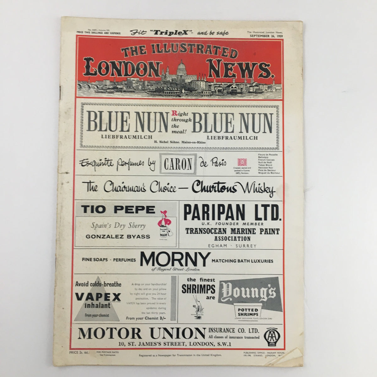 Back cover of The Illustrated London News September 26, 1959, displaying advertisements including Blue Nun and Churton's Whisky, showcasing vintage marketing styles.