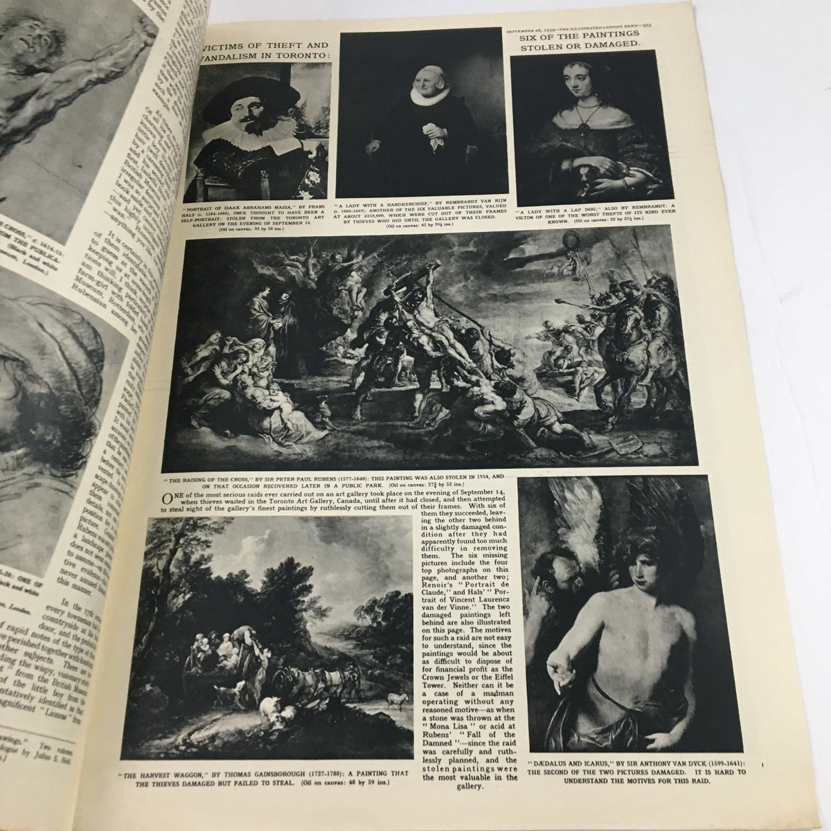 Interior page of The Illustrated London News September 26, 1959, featuring images and articles about stolen paintings, offering insights into art history and theft.