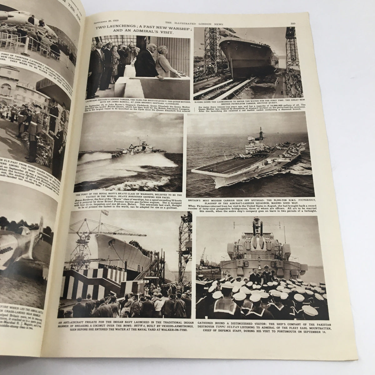 Another interior page of The Illustrated London News September 26, 1959, highlighting naval launches and an admiral's visit, illustrating military advancements.
