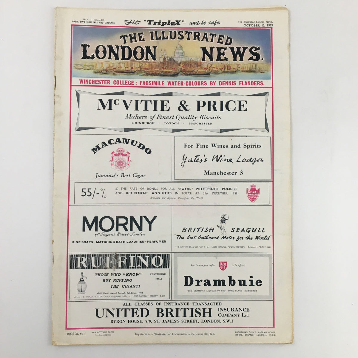 Front cover of The Illustrated London News October 10, 1959, featuring advertisements including McVitie & Price biscuits and a cigarette brand, illustrating mid-20th century magazine design.