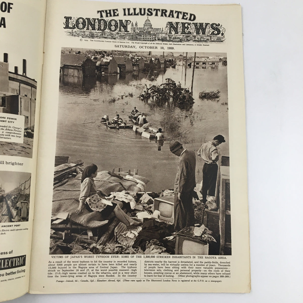 Black and white historical image from The Illustrated London News October 10, 1959, depicting victims of Japan's worst typhoon ever, showcasing flood damage and rescue efforts in the Nagoya area.