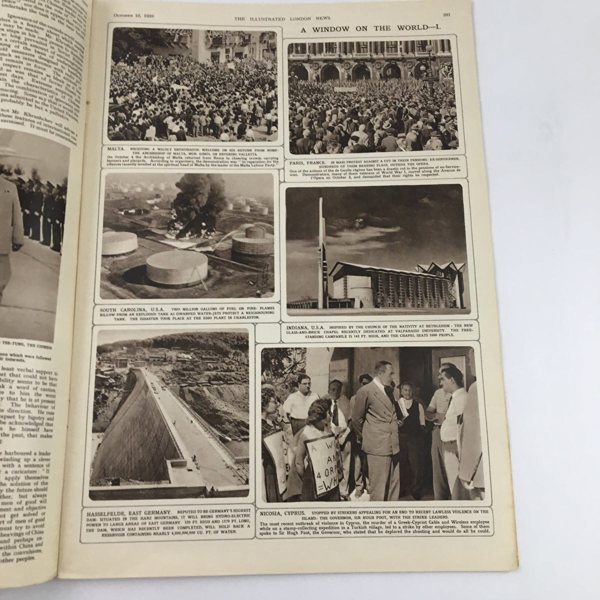 Interior page of The Illustrated London News October 10, 1959, displaying international news events, including demonstrations and disasters, highlighting the significant global happenings of the era.