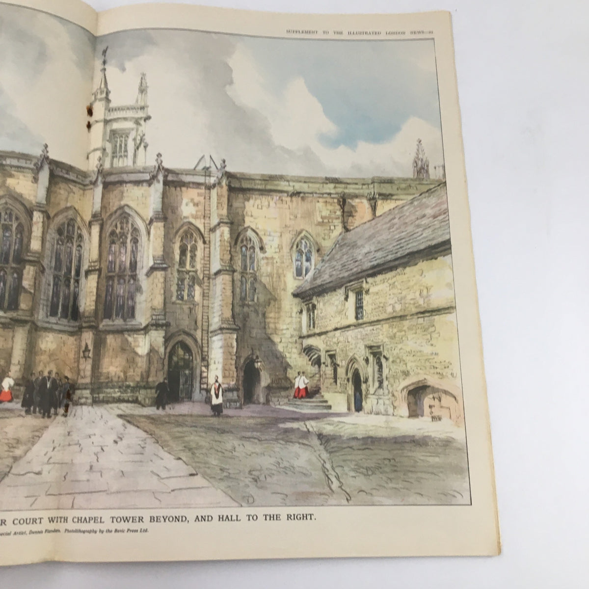 Illustrated London News October 10, 1959, featuring an illustration of a historic court with chapel tower, depicting people from the past.