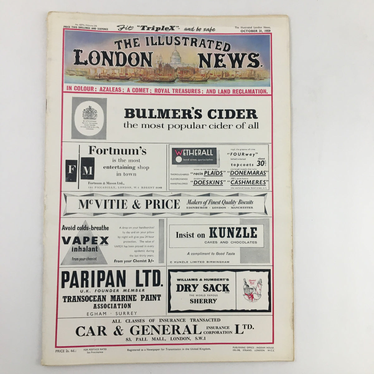 Back cover of The Illustrated London News, October 31, 1959, displaying vintage advertisements including Bulmer's Cider and Fortnum's.