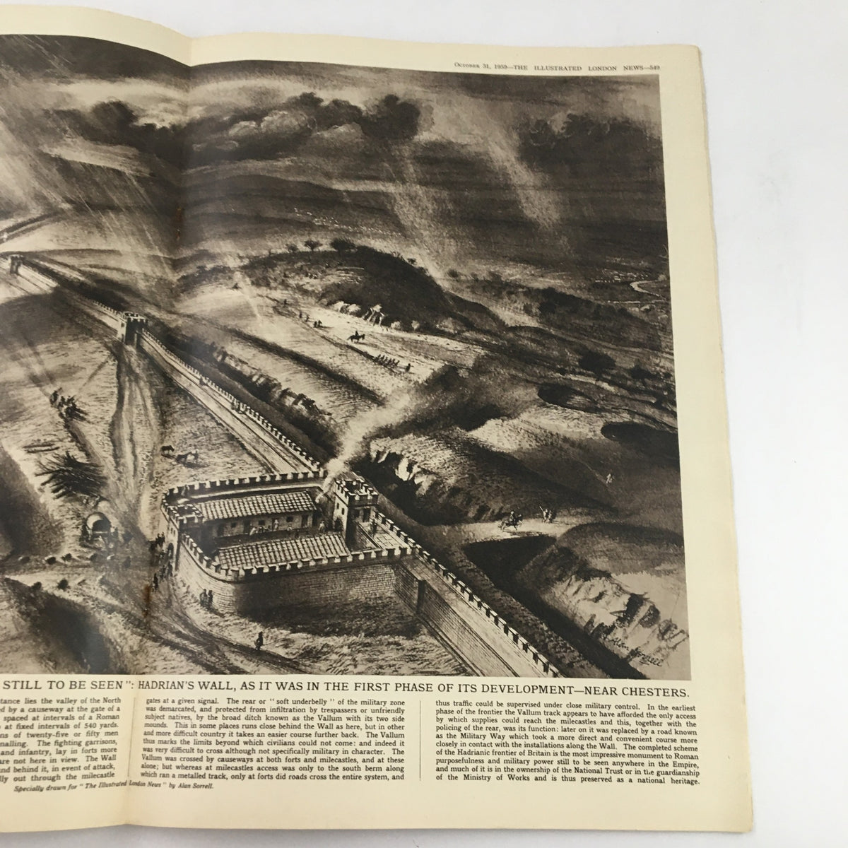 Illustration of Hadrian's Wall as depicted in The Illustrated London News, October 31, 1959, showcasing a historical landscape.
