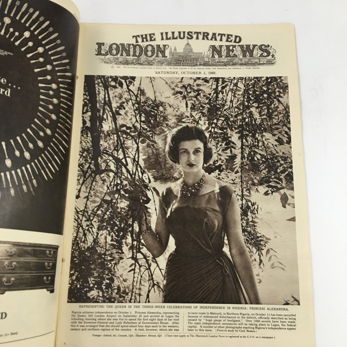 The Illustrated London News October 1 1960 cover featuring Princess Alexandra representing the Queen, capturing a historical moment with a background of lush foliage.