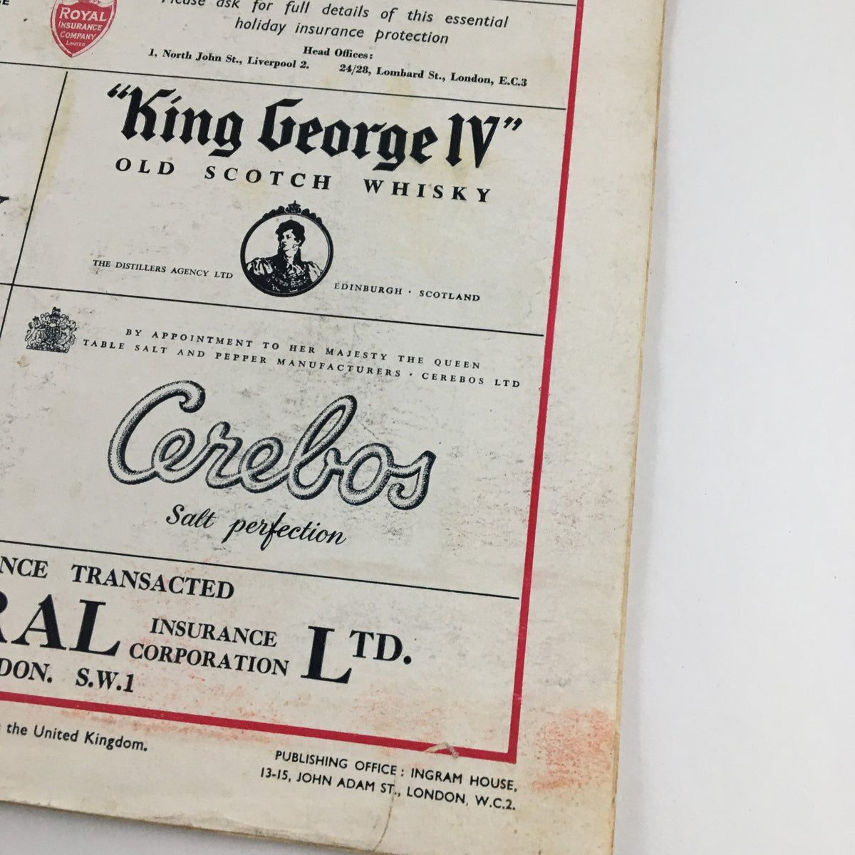 Detail from the cover of The Illustrated London News July 2, 1960 showcasing advertisement for 'King George IV' Old Scotch Whiskey.