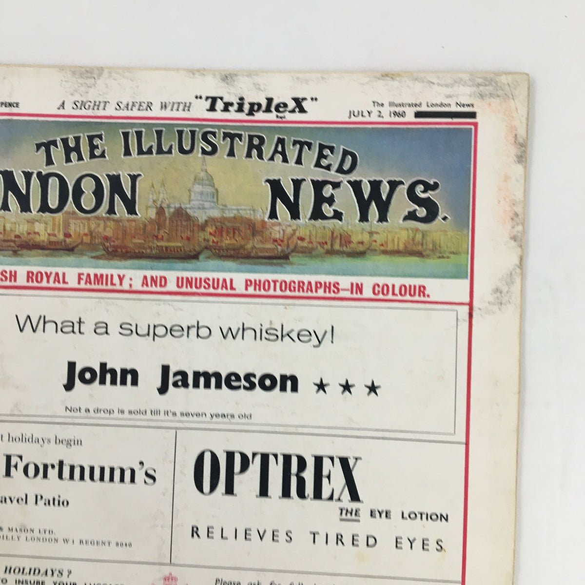 Front cover of The Illustrated London News July 2, 1960 highlighting advertisements including John Jameson Whiskey.
