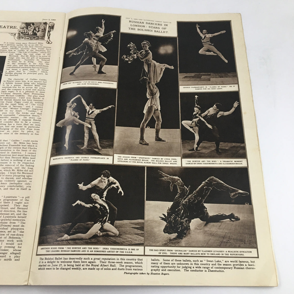 Interior page of The Illustrated London News July 2, 1960 featuring images of Russian dancers in performances from the Bolshoi Ballet.