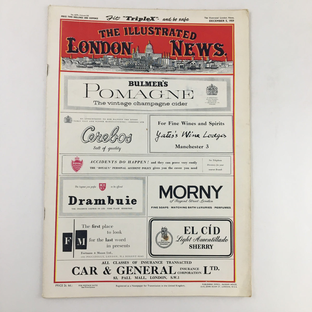 The Illustrated London News December 5 1959 cover showcasing advertisements, capturing the vintage style of the magazine.