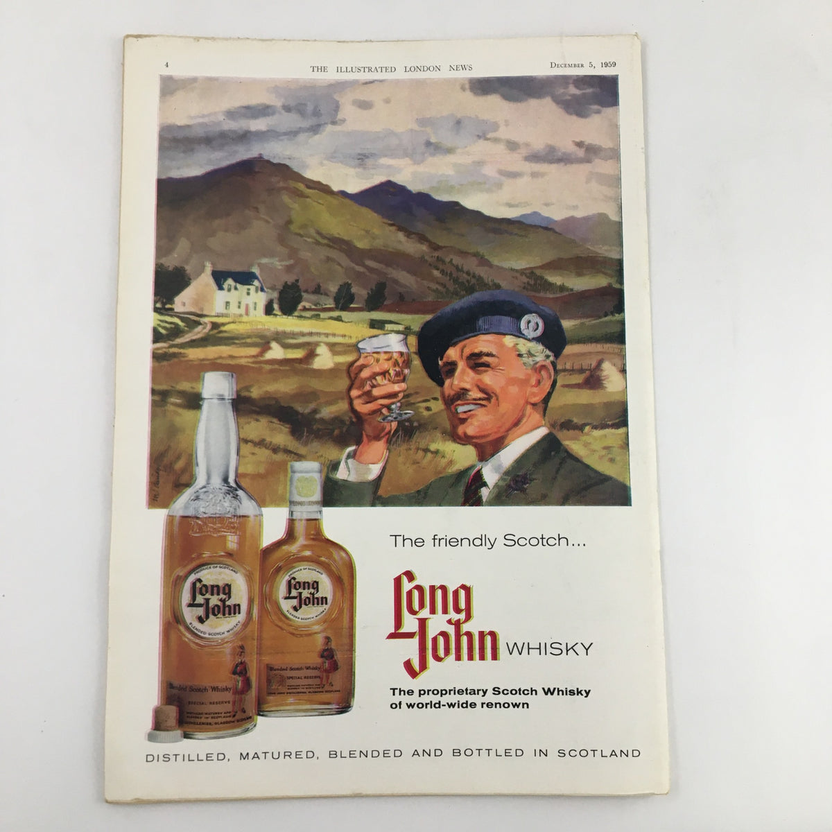 The Illustrated London News December 5 1959 showcases an advertisement for Long John Whisky, featuring a cheerful man holding a glass, set against a picturesque Scottish landscape.
