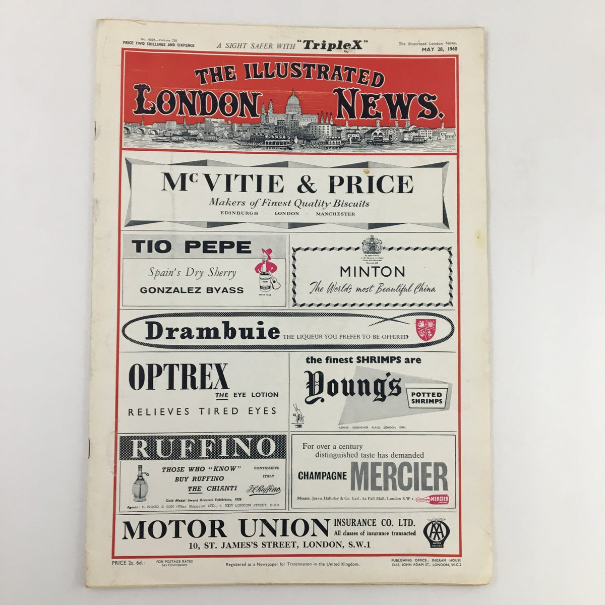The Illustrated London News advertisement page, dated May 28, 1960, showcasing various products and brands including McVitie & Price, Tio Pepe, and Drambuie.