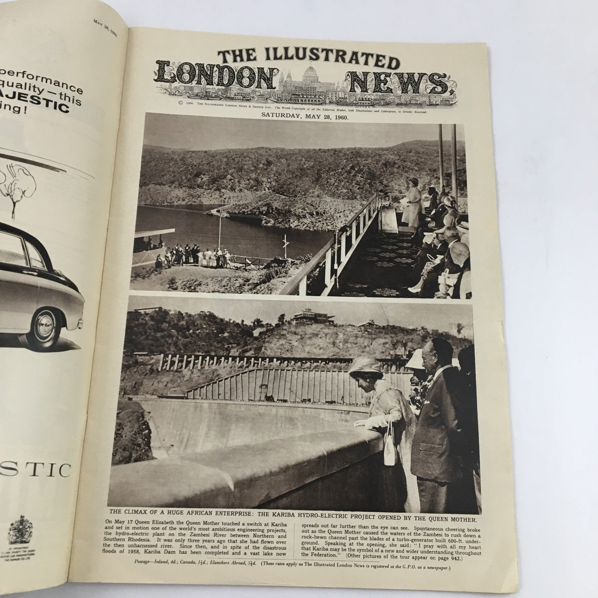 Cover page of The Illustrated London News, dated May 28, 1960, featuring an article on the Kariba Hydro-Electric Project with an image showing the site and visitors observing the dam.