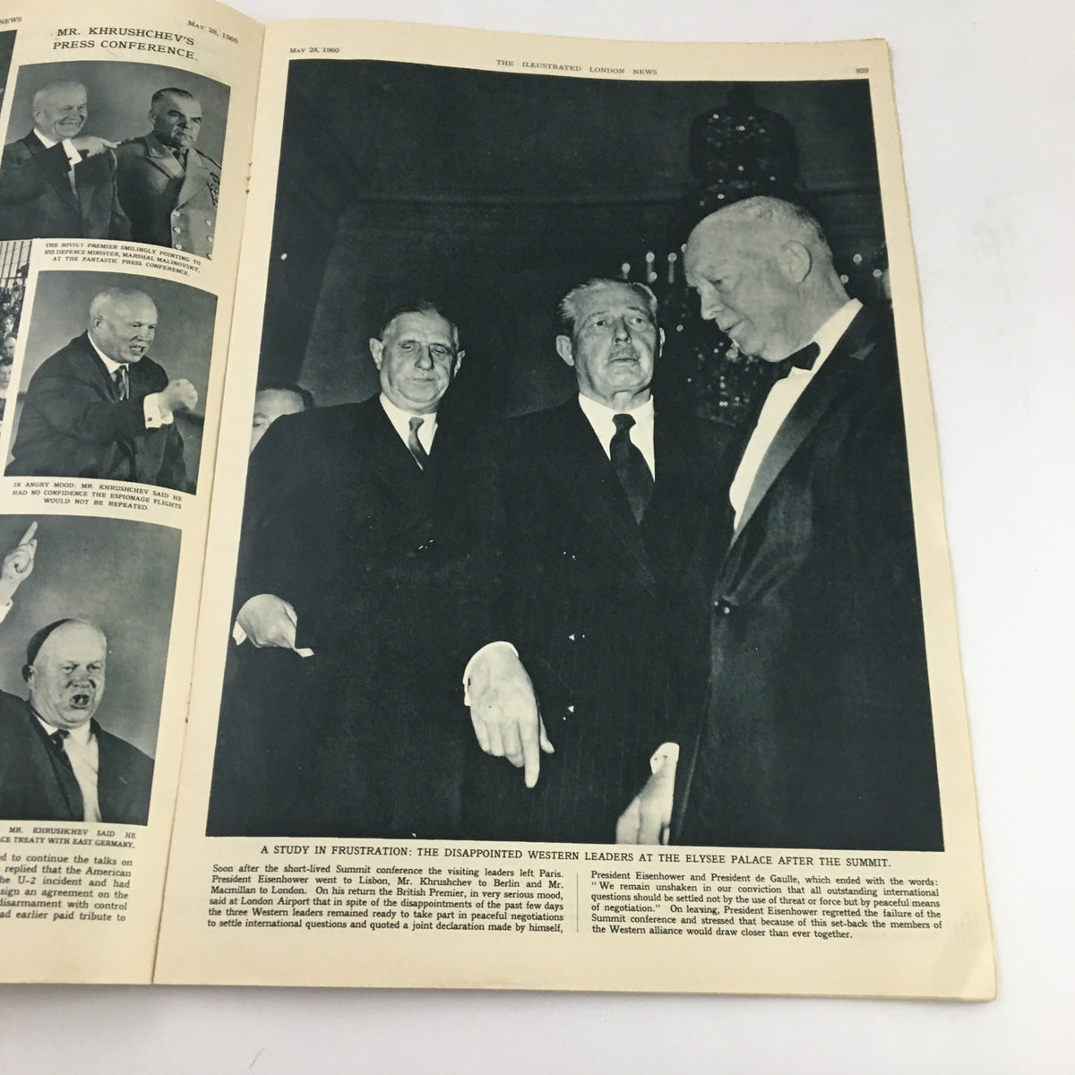 An interior page of The Illustrated London News from May 28, 1960, illustrating a press conference with world leaders, highlighting a study in frustration after a significant summit.