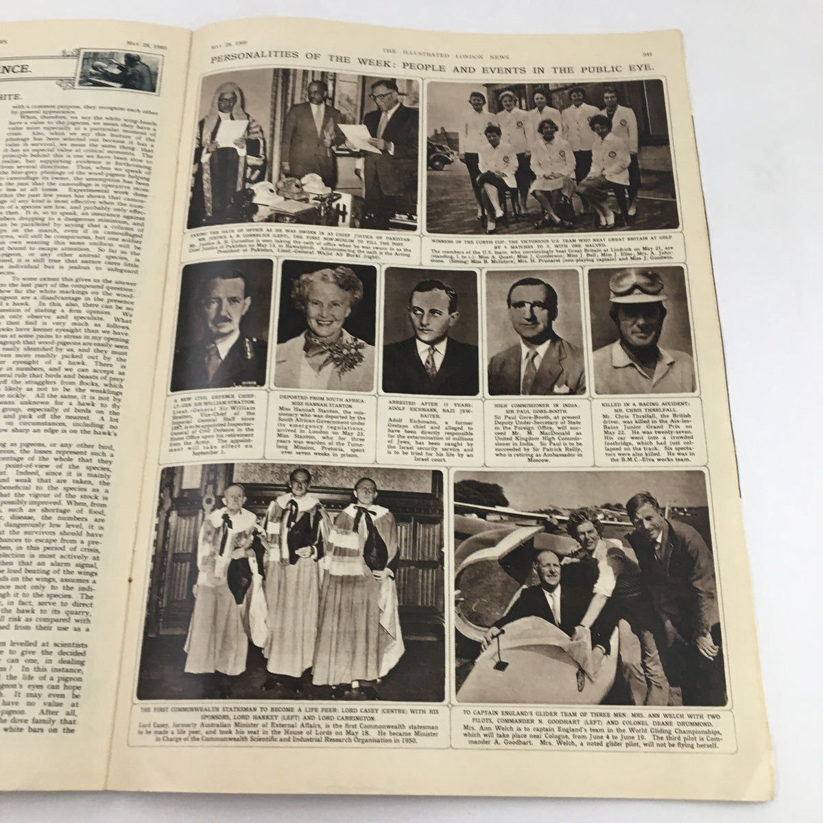 Page from The Illustrated London News, May 28, 1960, featuring photographs of notable personalities and events, highlighting historical context.