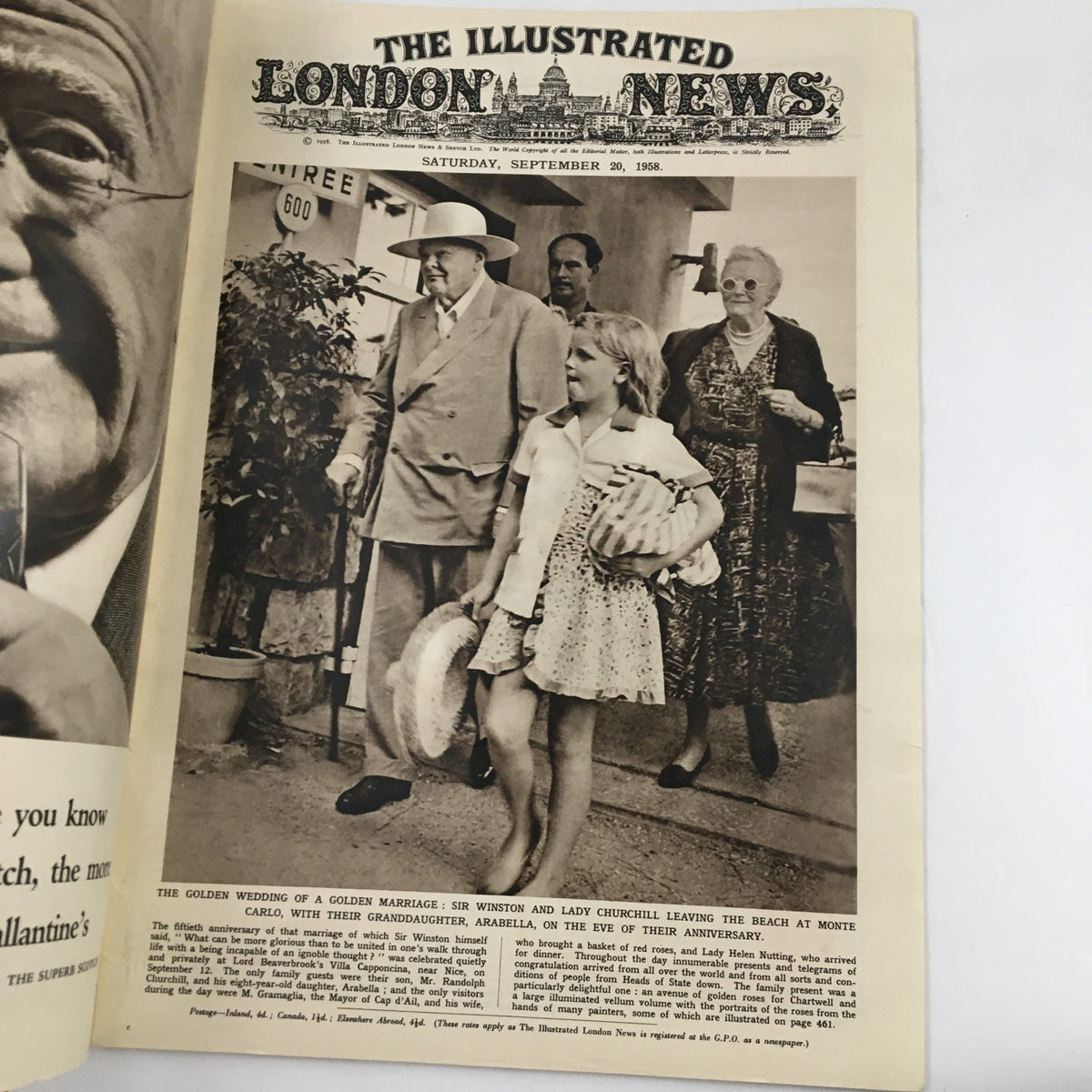 The Illustrated London News from September 20, 1958, featuring Sir Winston Churchill and Lady Churchill leaving the beach at Monte Carlo with their granddaughter, Arabella.