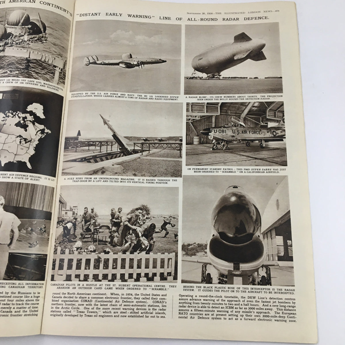 Interior page of The Illustrated London News, September 20, 1958, showcasing images related to military and radar defense systems.