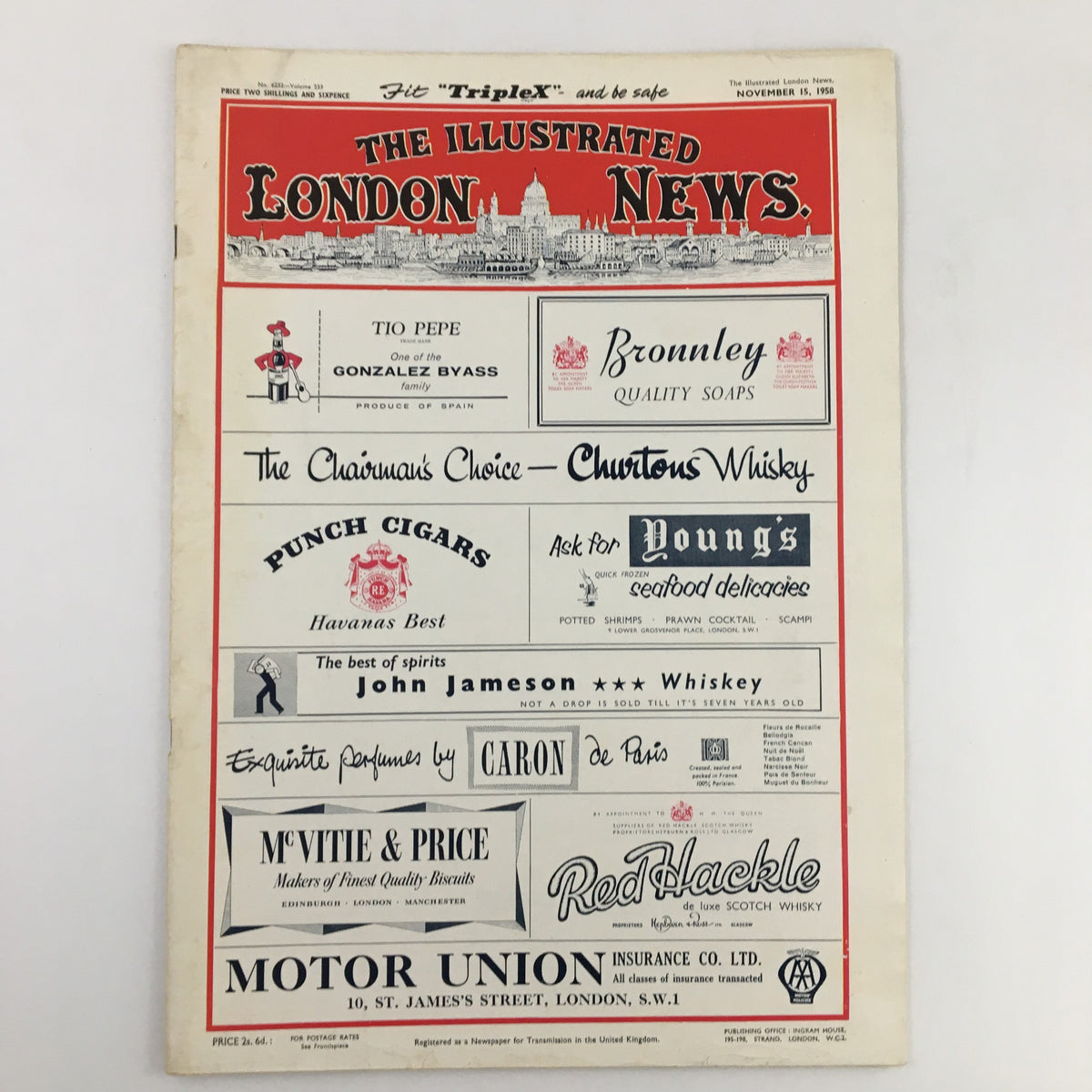 The Illustrated London News November 15 1958 cover showcasing advertisements for various products, highlighting the magazine's vintage aesthetic. This issue features the Queen at The Cenotaph within its pages.