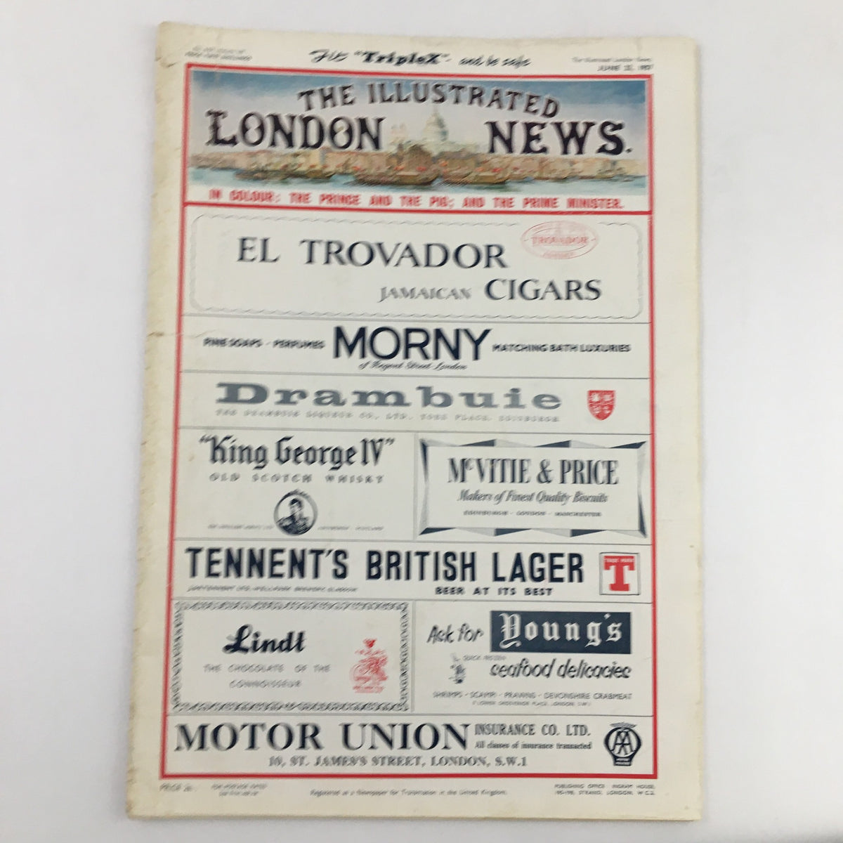 The Illustrated London News front cover dated June 22, 1957, showcasing advertisements including El Trovador Cigars and Drambuie, highlighting mid-20th century print media design.
