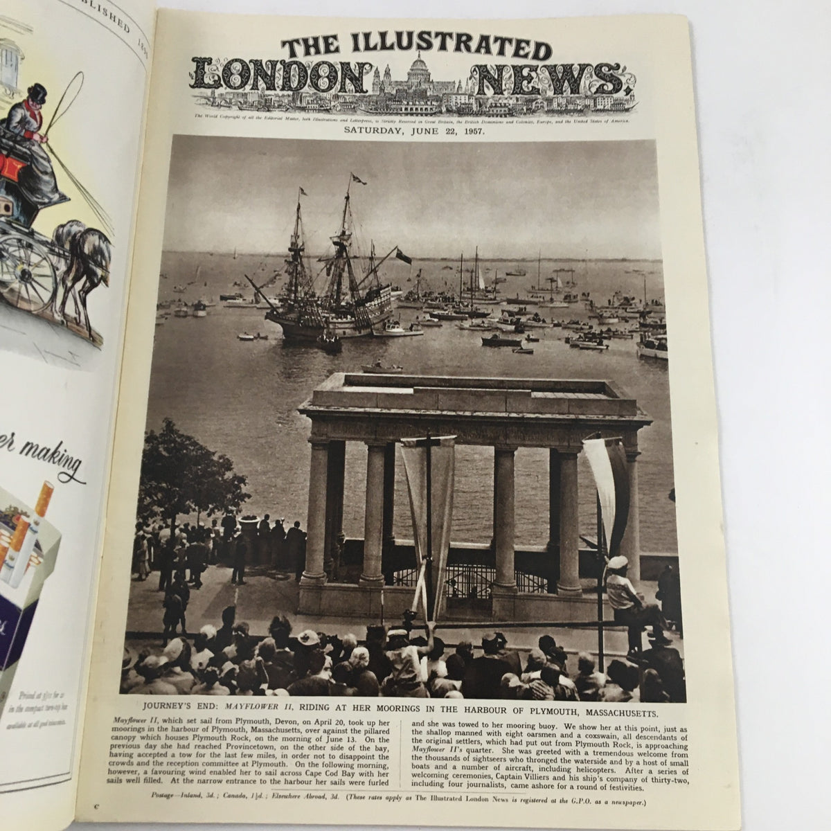 The Illustrated London News dated June 22, 1957, featuring the Mayflower II at Plymouth, Massachusetts, with historical maritime significance and detailed illustrations of the harbor scene.