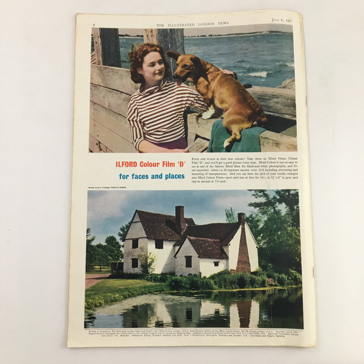 The Illustrated London News July 6, 1957, illustrating a woman with a dog by the water and a picturesque house, emphasizing the vintage charm and style of the era.